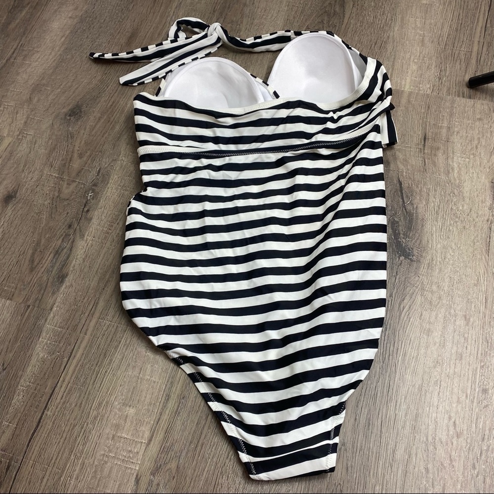 Motherhood Maternity Beach Bump NWT One Piece Swimsuit Black White Stripe Halter - Picture 5 of 14